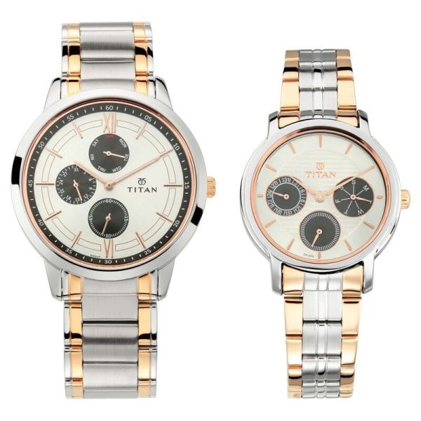 Titan Bandhan Silver Dial Quartz Multifunction Steel Strap Couple Watch (NS17692589KM01P)